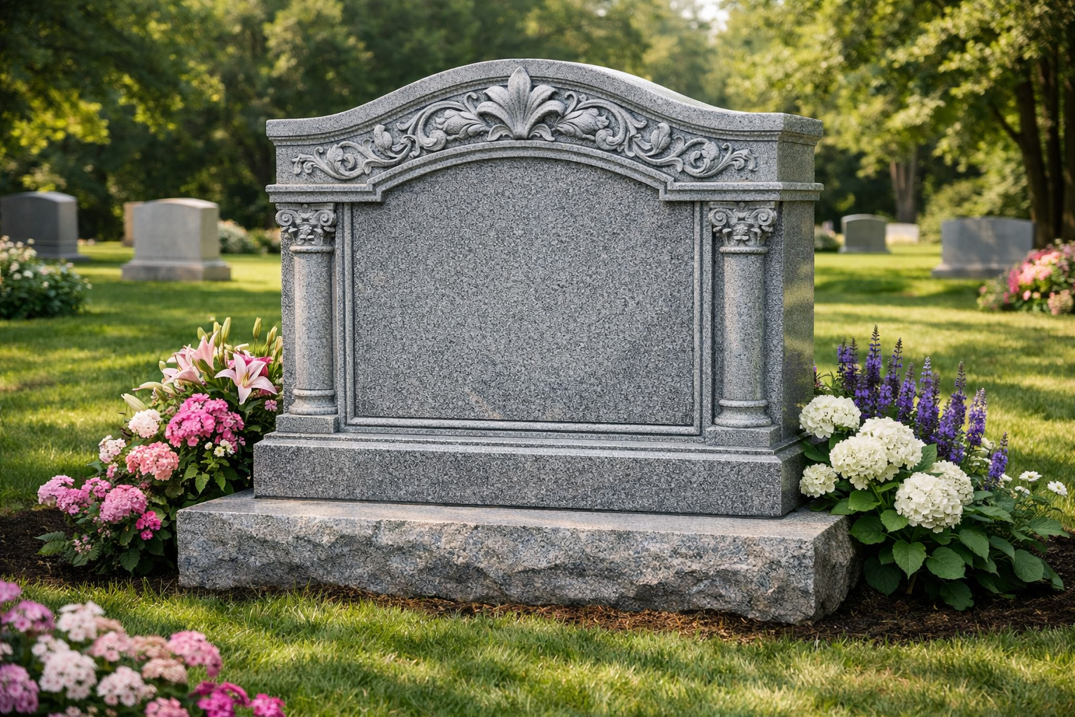 Upright granite monument in a landscaped cemetery