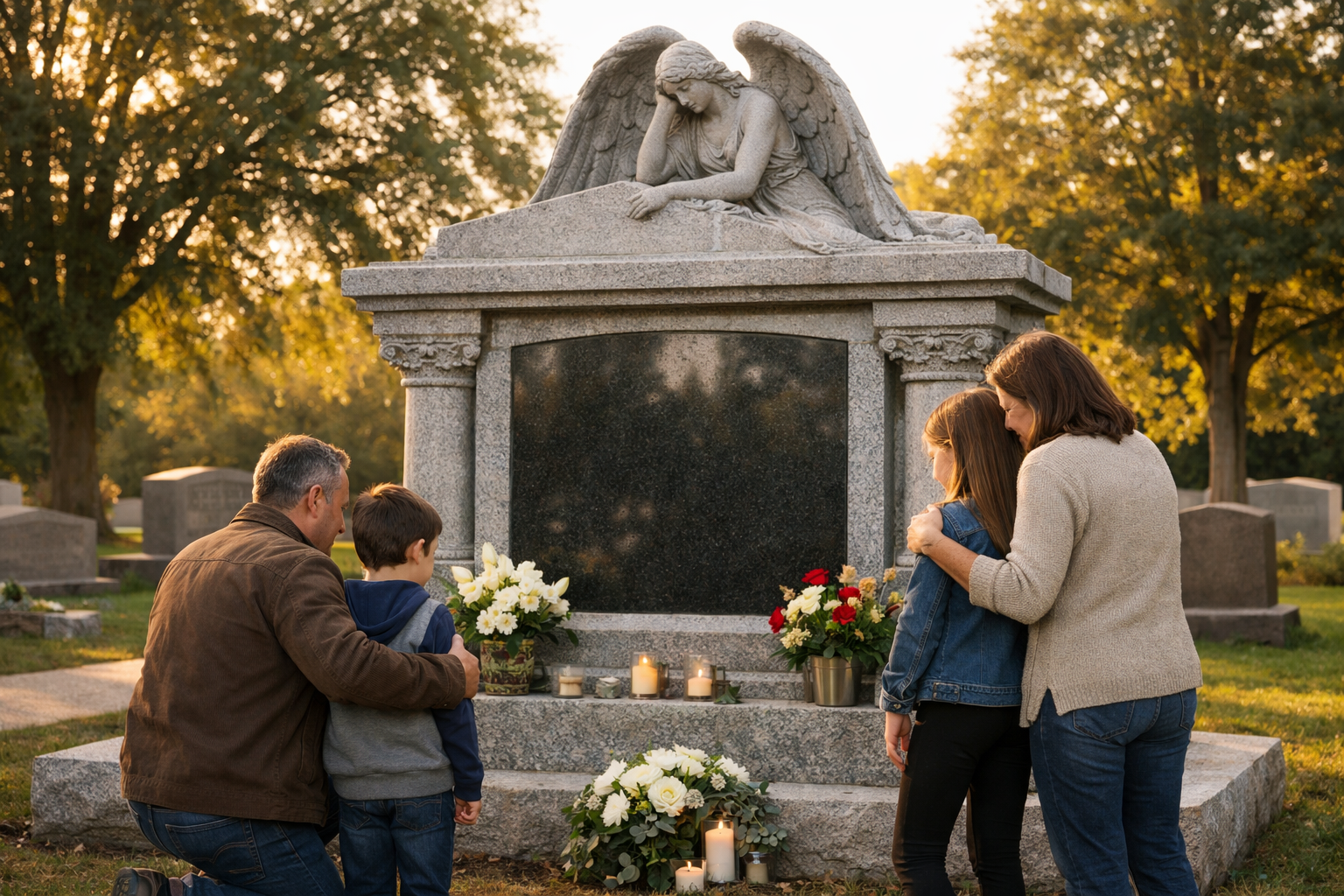 Family gathered near a memorial monument