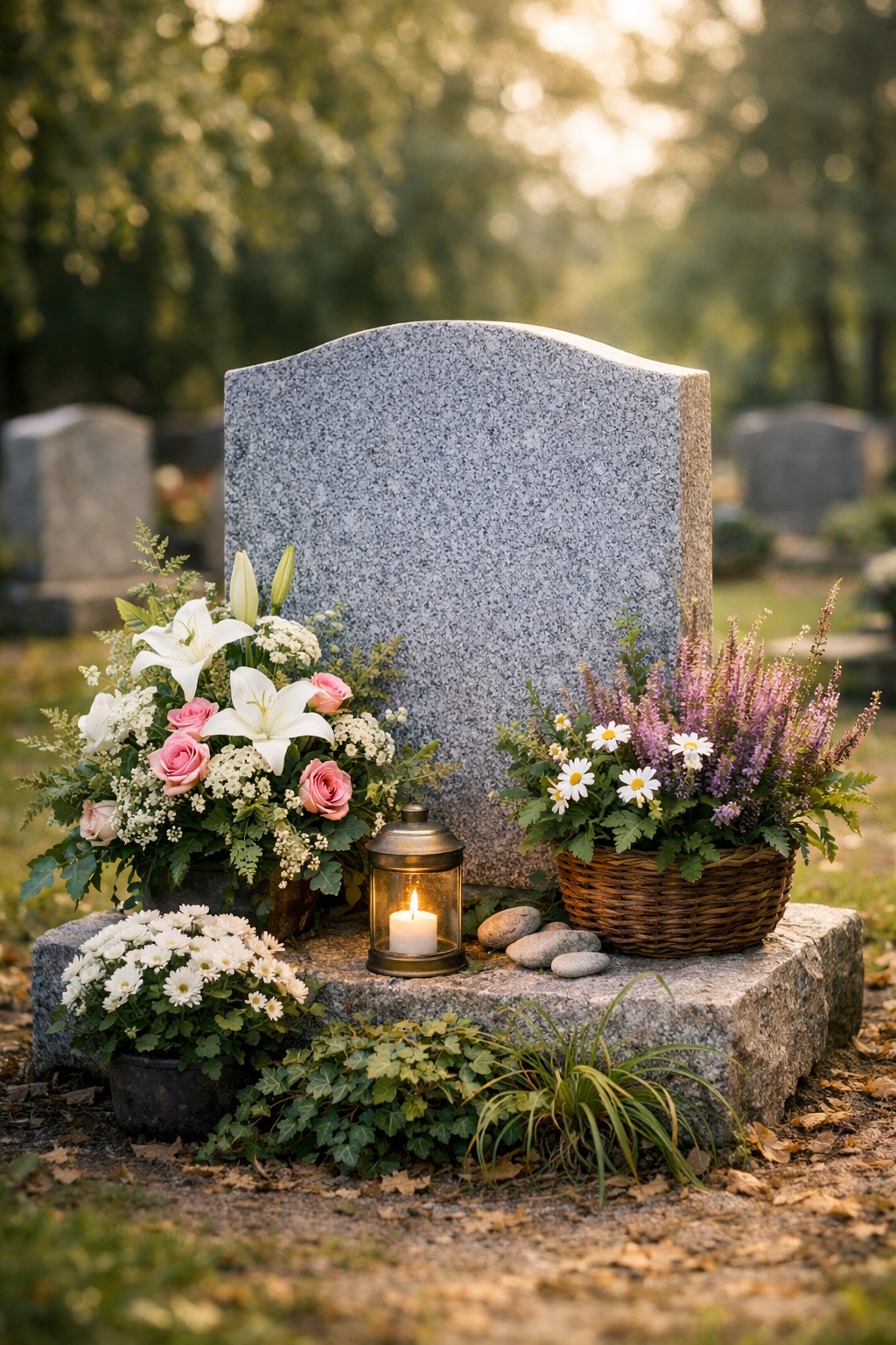 Memorial monument surrounded by flowers